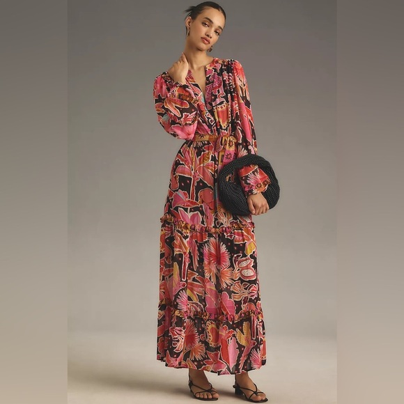 Farm Rio Tropical Birds Heart Floral Pink Maxi Dress Size Large